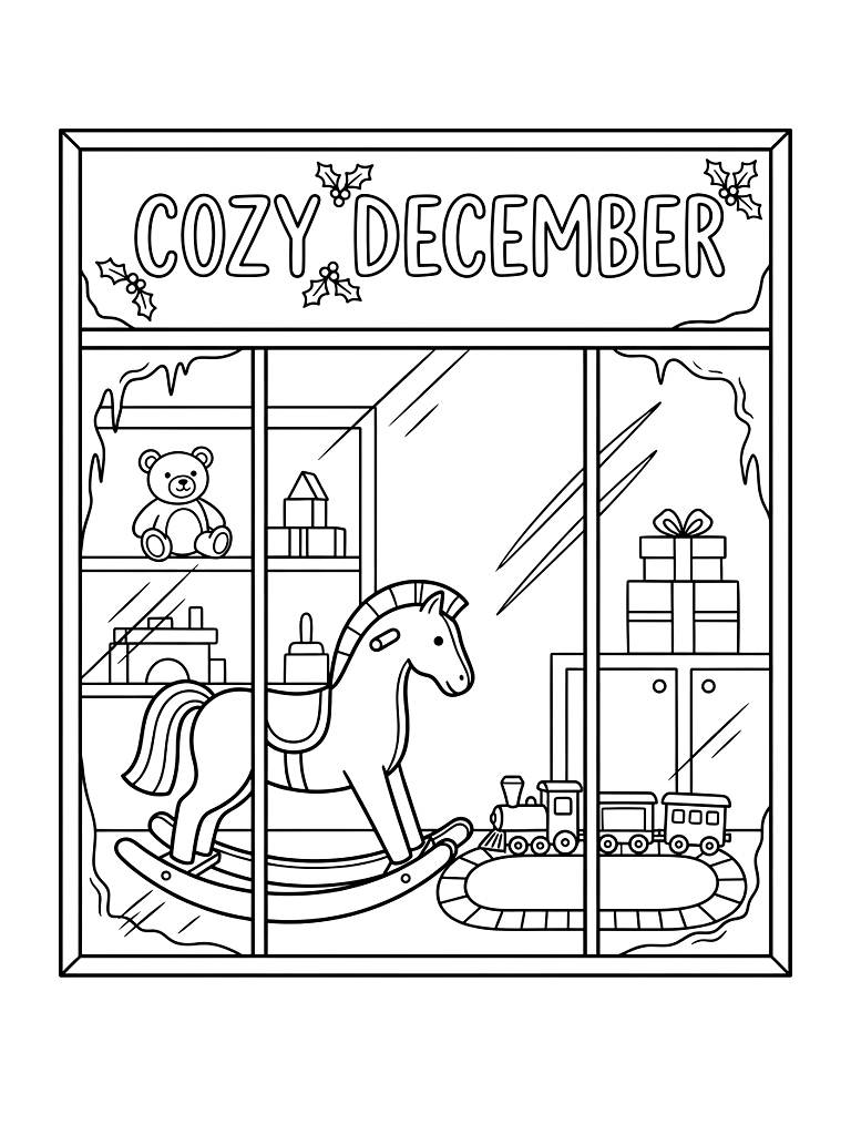 Cozy December Typography Painted On A Frosty Toy Shop Window Displaying A Classic Wooden Rocking Horse And Toy Train Coloring Page