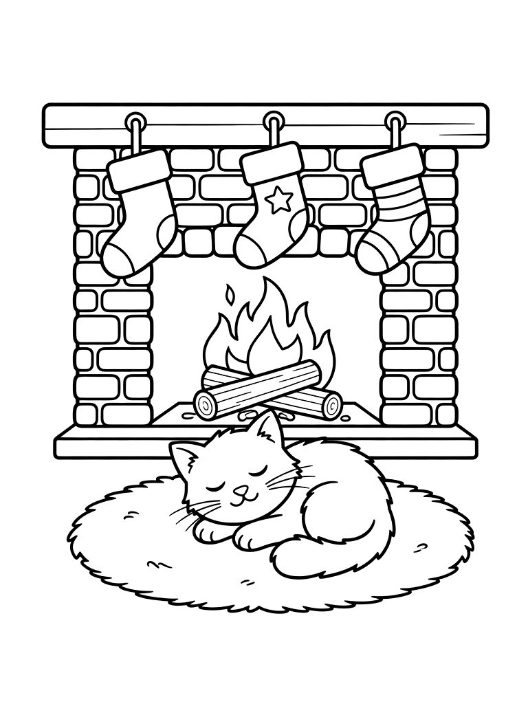 Cozy Fireplace With Hanging Stockings And A Sleeping Cat On A Rug Coloring Page
