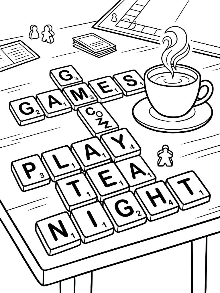Cozy Game Night Scene Featuring Wooden Letter Tiles Spelling Fun Words Interlocking On A Table Next To A Teacup coloring page — free printable for kids and adults