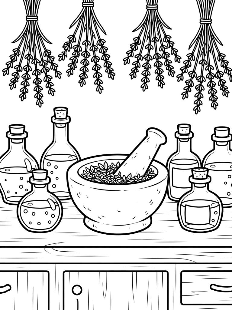 Cozy Green Witch Kitchen Counter Filled With Potion Bottles coloring page — free printable for kids and adults