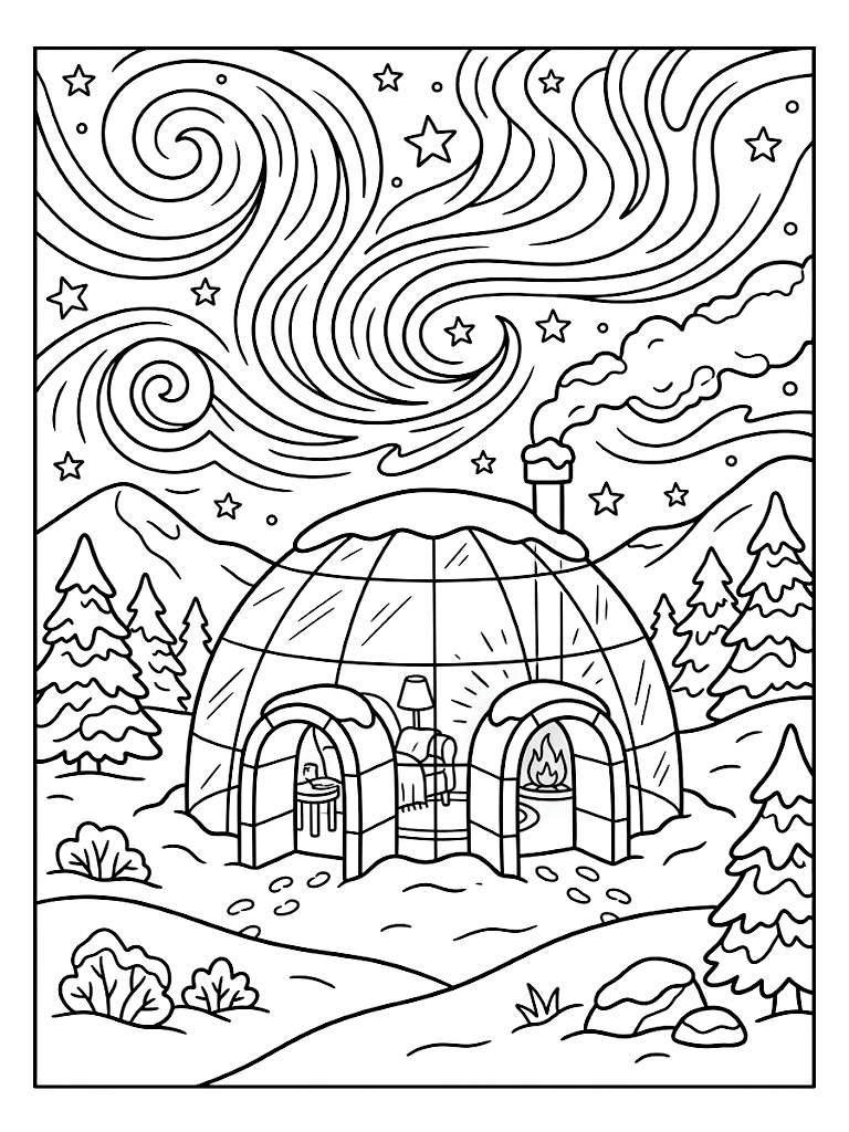 Cozy Illuminated Glass Igloo Sitting In A Snowy Arctic Landscape Under A Sky Swirling With The Aurora Borealis Coloring Page