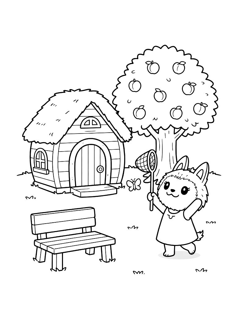 Cozy Island Home From Animal Crossing With A Fruit Tree Coloring Page