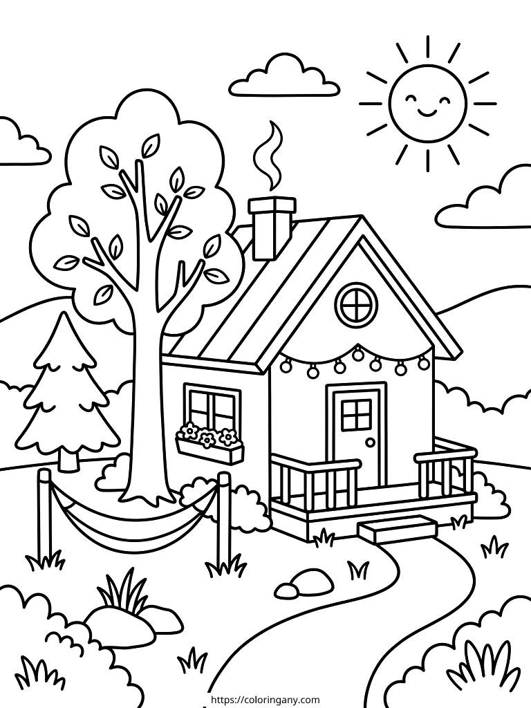Cozy Lofi Aesthetic Summer Cabin Coloring Page