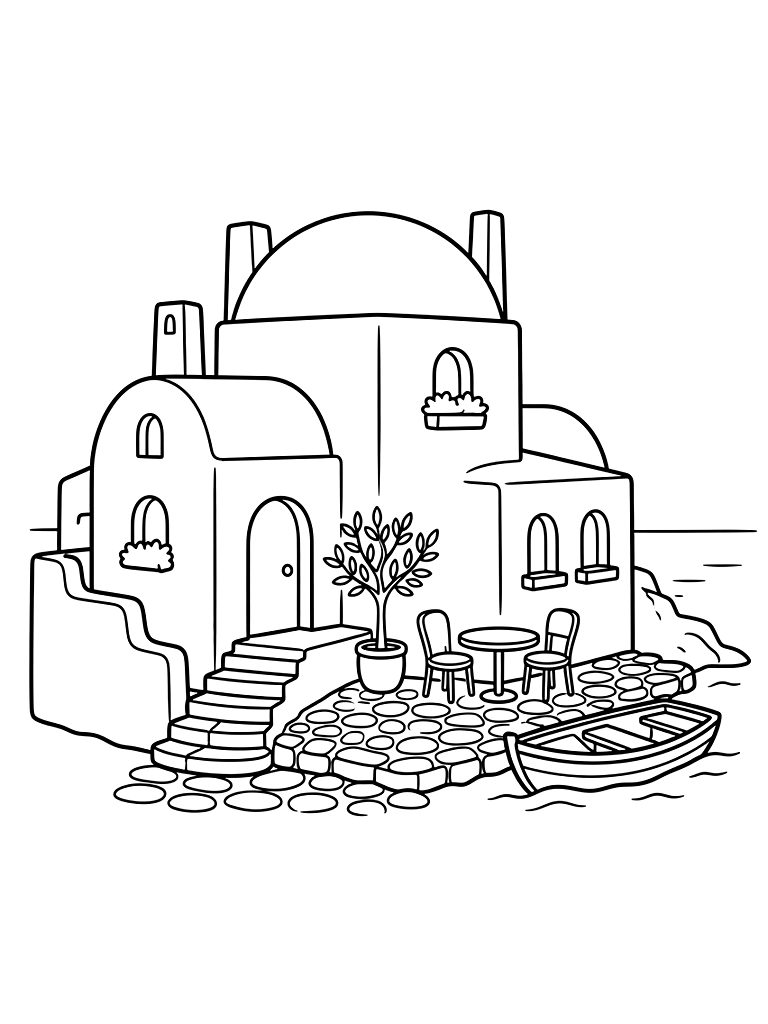 Cozy Mediterranean Coastal Architecture Coloring Page