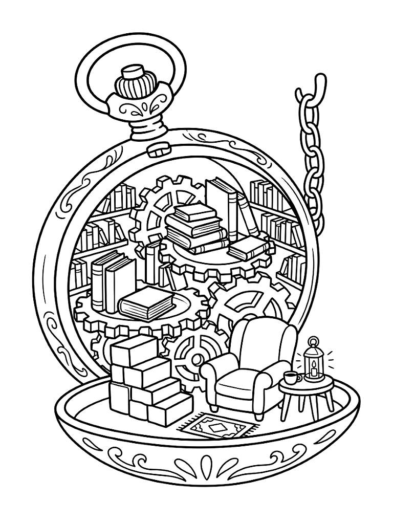 Cozy Miniature Library Built Inside An Overturned Vintage Pocket Watch With Books Stacked On Brass Gears And A Tiny Armchair coloring page — free printable for kids and adults