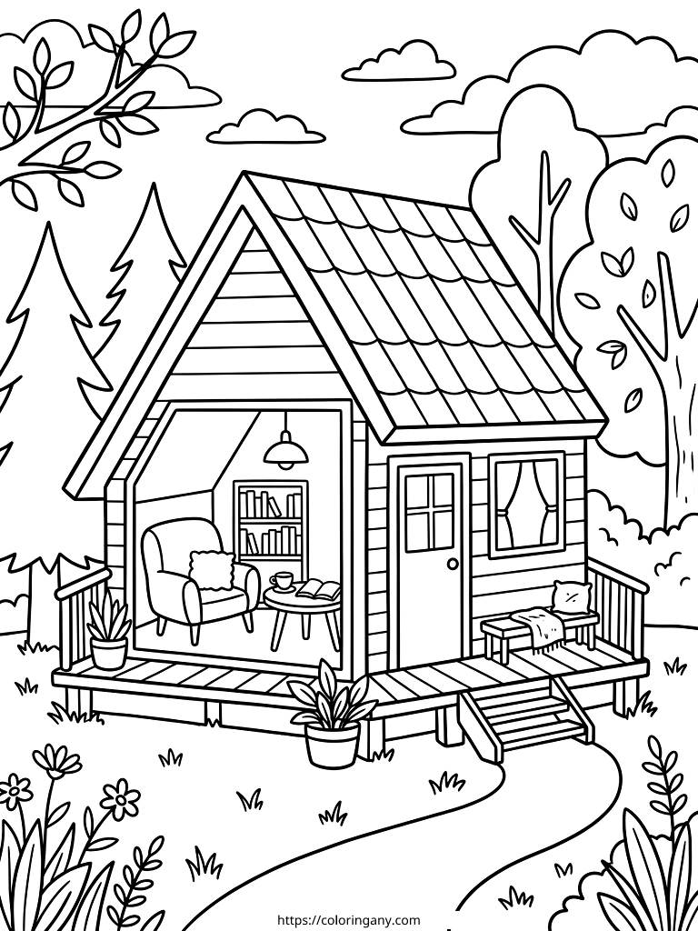 Cozy Minimalist Summer Cabin & Reading Nook Coloring Page