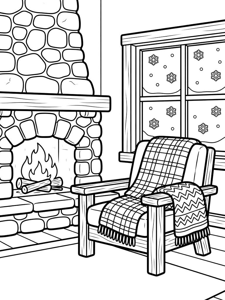 Cozy Mountain Ski Lodge Interior With A Stone Fireplace coloring page — free printable for kids and adults