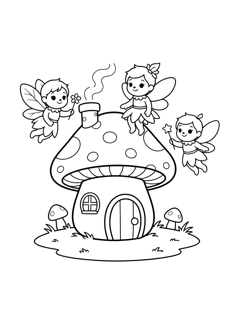 Cozy Mushroom House And Forest Fairies Coloring Page