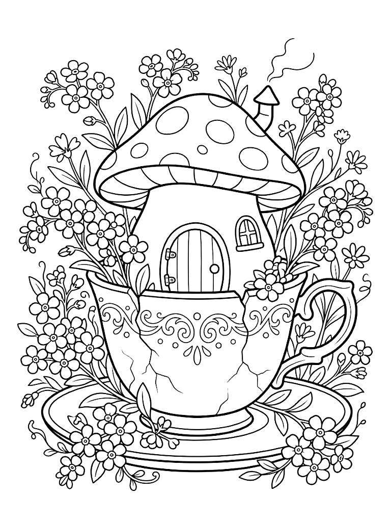 Cozy Mushroom House Built Inside A Cracked Vintage Porcelain Teacup Surrounded By Blooming Overgrown Forget-Me-Nots Coloring Page