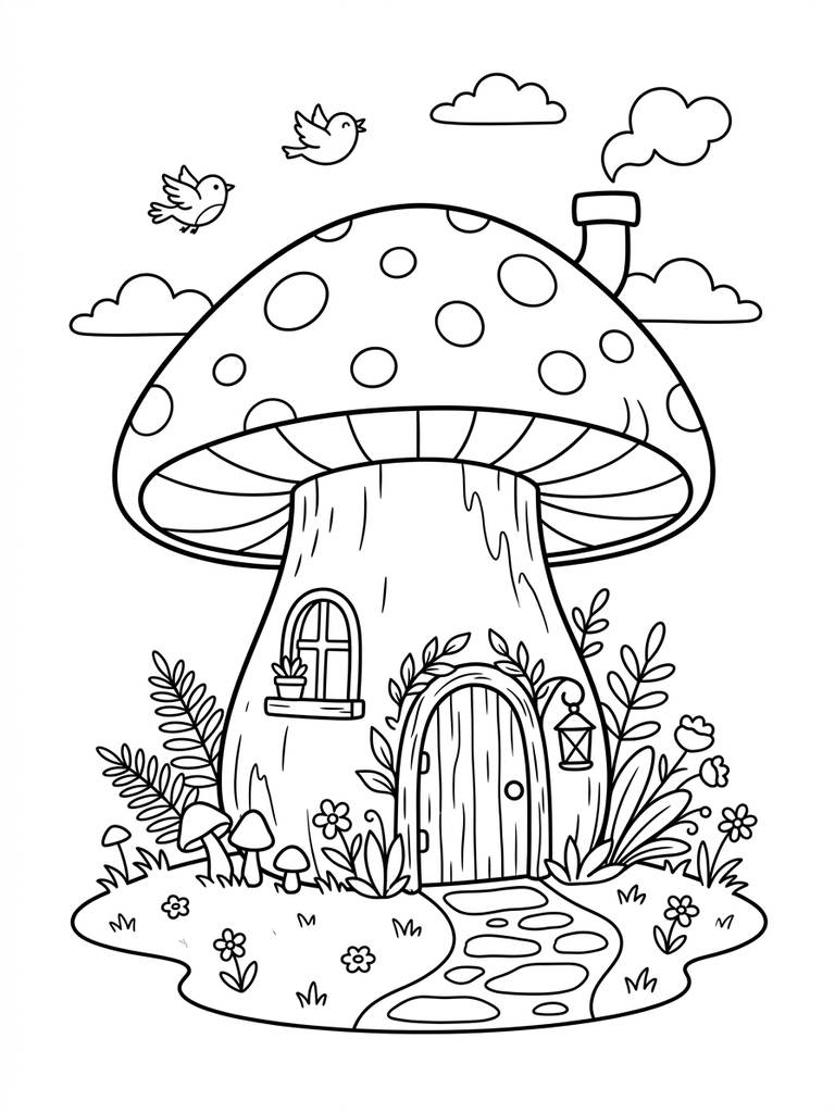 Cozy Mushroom House / Fairy Cottage Coloring Page