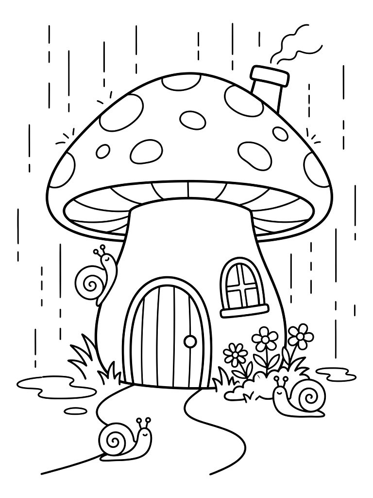 Cozy Mushroom House In Summer Rain With Snails coloring page — free printable for kids and adults