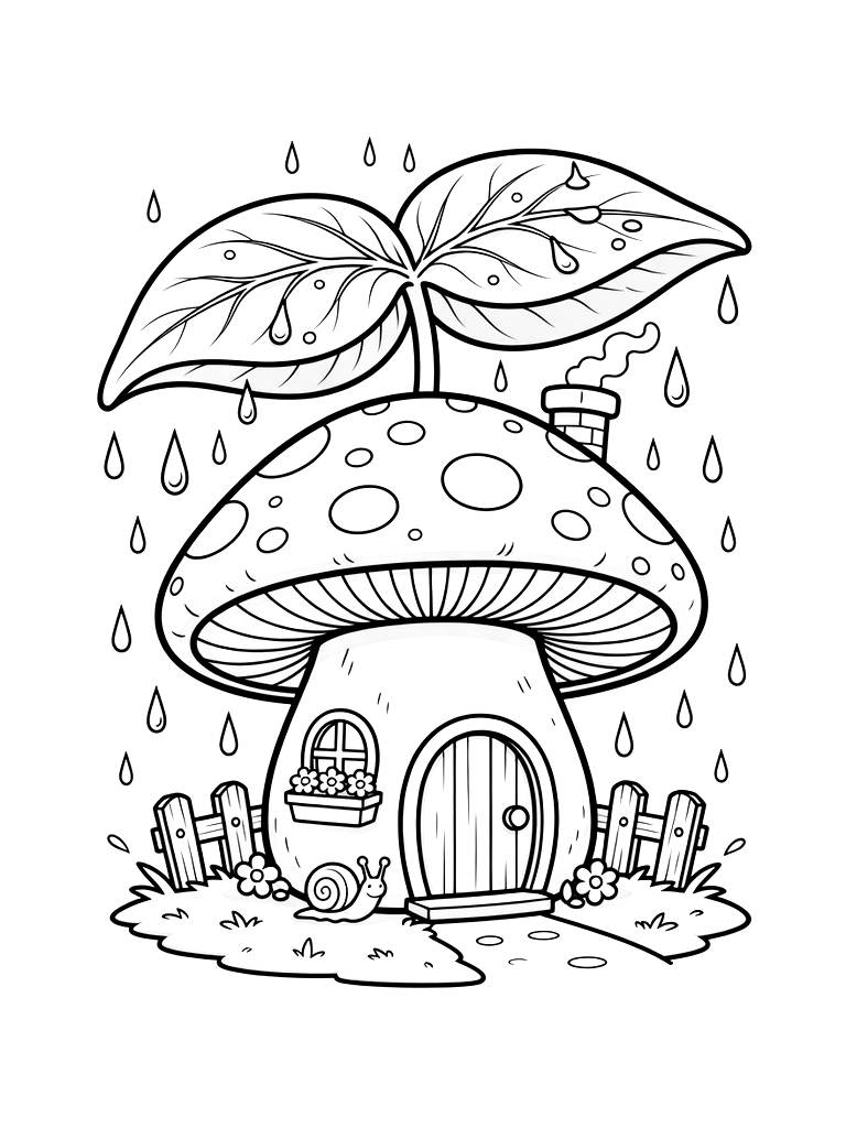 Cozy Mushroom House Under An Umbrella Leaf During A Gentle Spring Rain Shower Coloring Page — free printable for kids and adults