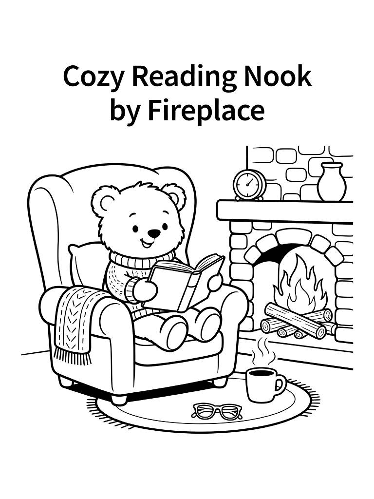 Cozy Reading Nook By Fireplace Coloring Page