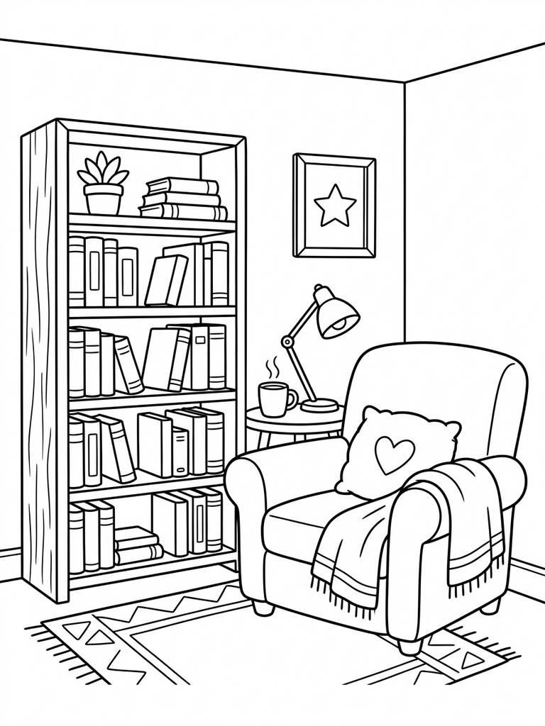Cozy Reading Nook With Bookshelf Coloring Page