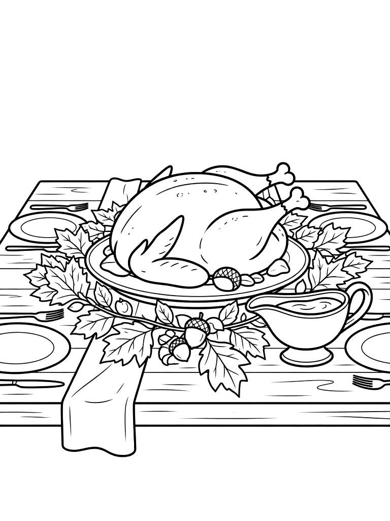 Cozy Rustic Thanksgiving Table Setting Featuring A Large Roasted Turkey Platter coloring page — free printable for kids and adults