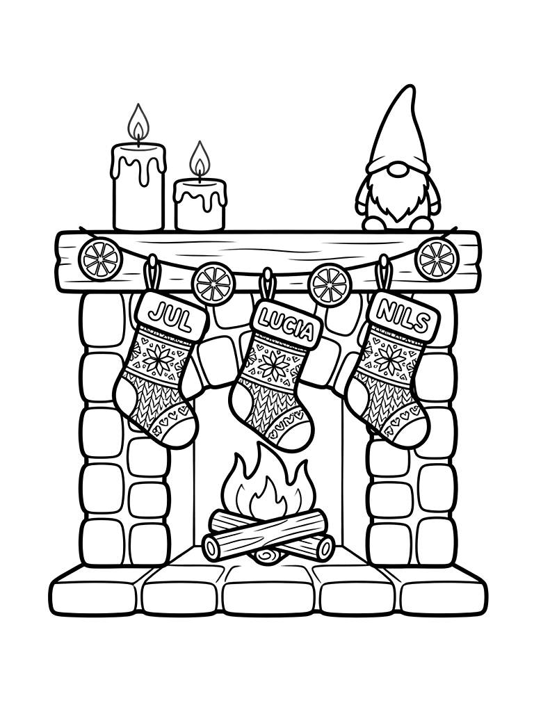 Cozy Scandinavian Style Christmas Fireplace Decorated With Dried Orange Slice Garlands coloring page — free printable for kids and adults
