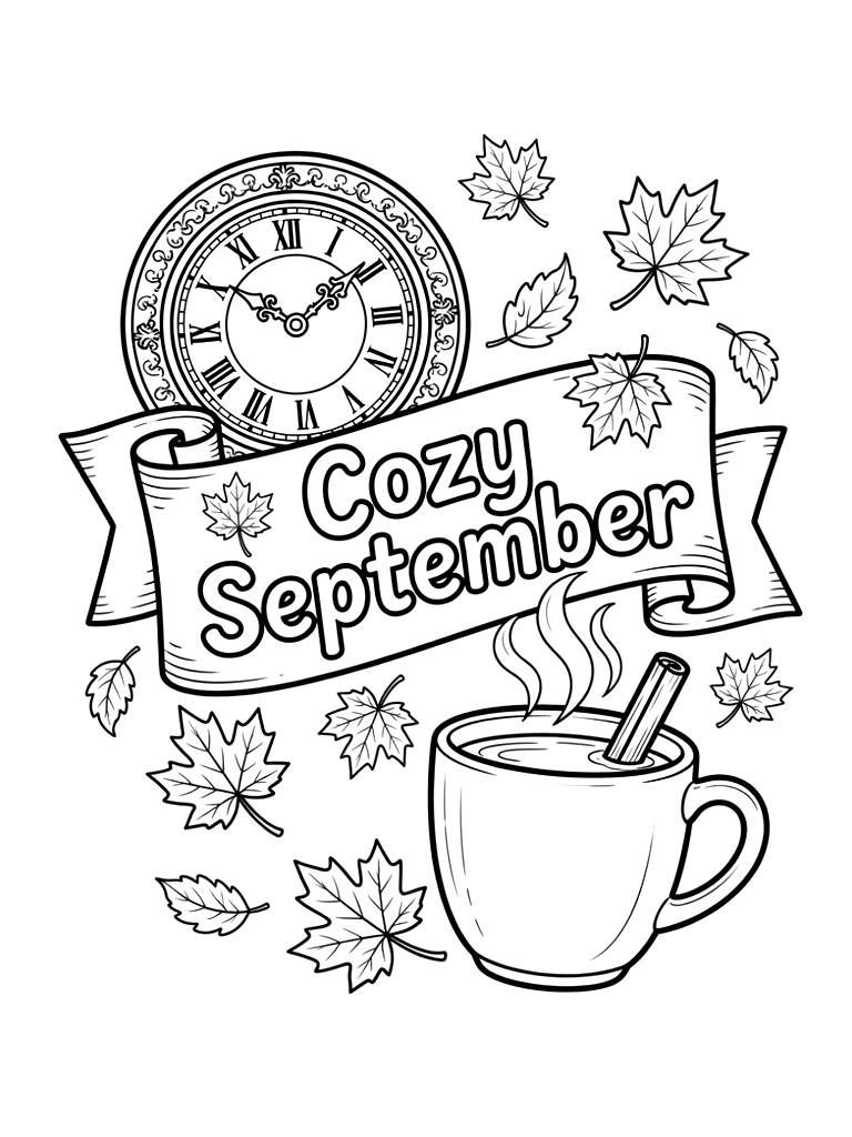 Cozy September Banner Surrounded By A Detailed Vintage Clock coloring page — free printable for kids and adults