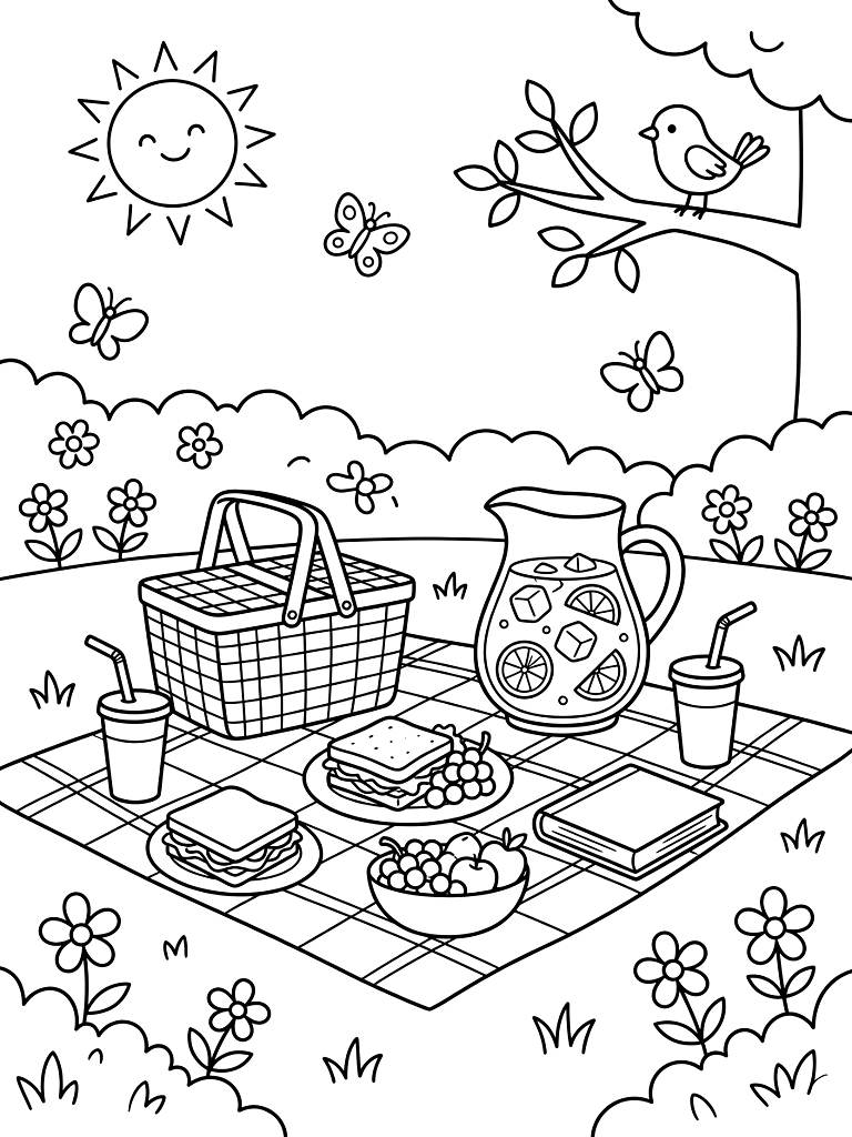 Cozy Summer Picnic & Ice Tea Garden Scene coloring page — free printable for kids and adults