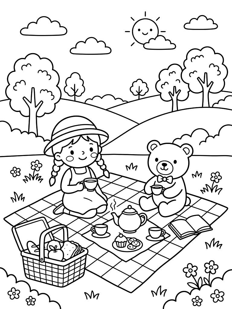 Cozy Summer Picnic & Tea Time Coloring Page