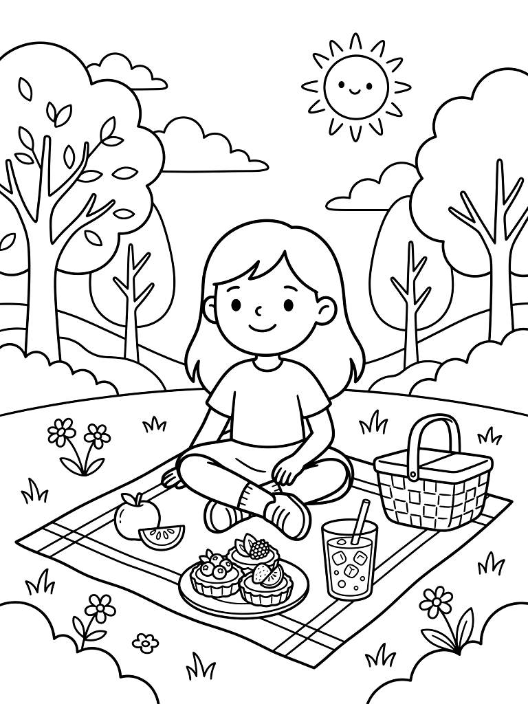 Cozy Summer Picnic With Iced Matcha Latte And Fruit Tarts Coloring Page