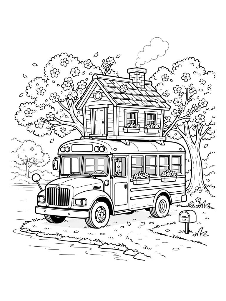 Cozy Tiny House On A Converted School Bus Parked By A Lake With Cherry Blossom Trees Coloring Page — free printable for kids and adults