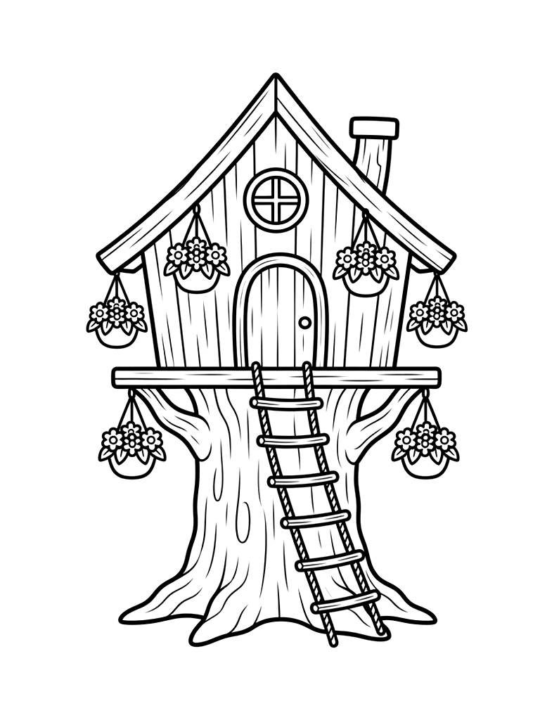 Cozy Treehouse Tiny Home Built Into A Massive Cedar Tree With A Spiral Rope Ladder And Hanging Flower Baskets Coloring Page