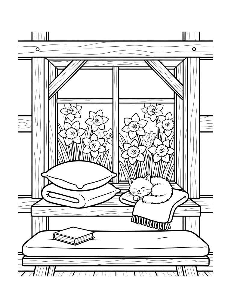 Cozy Window Seat In A Timber-framed Cottage Overlooking A Field Of Daffodils Coloring Page