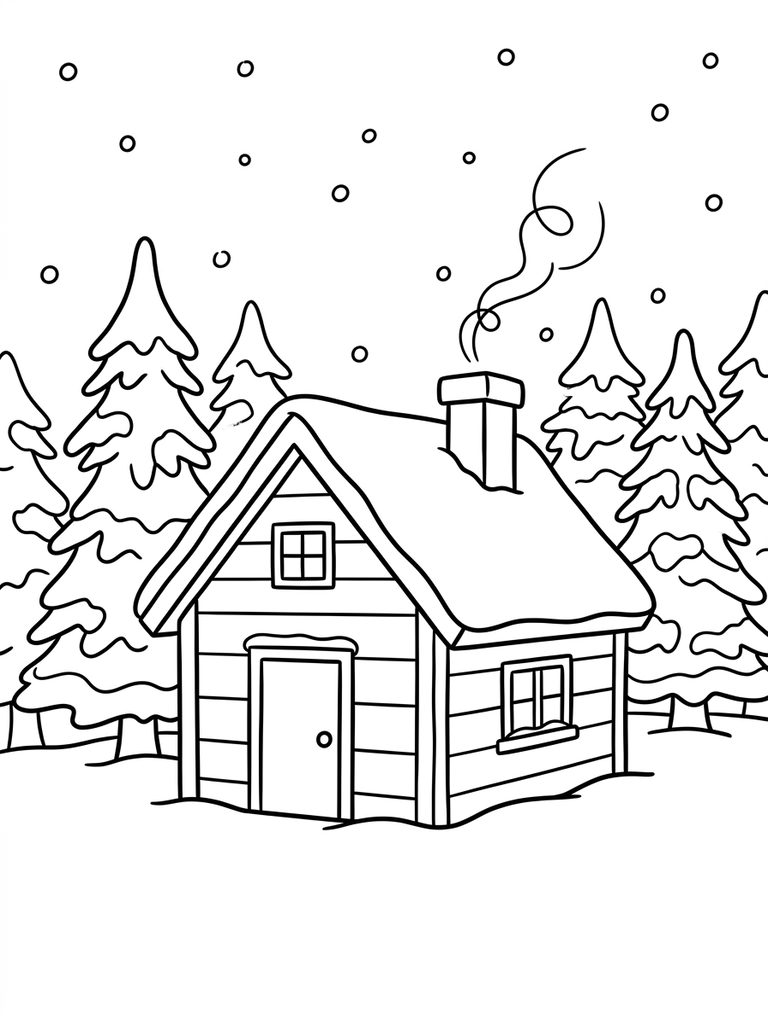 Cozy Winter Cabin In Snowy Forest Coloring Page