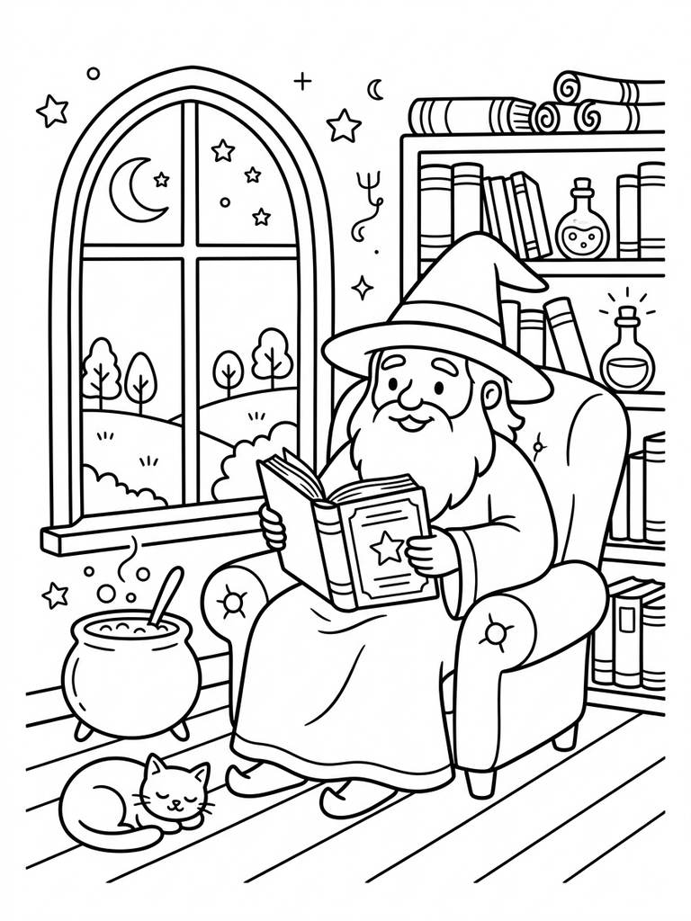Cozy Wizard / Witch Reading In Magical Library Or Window Coloring Page