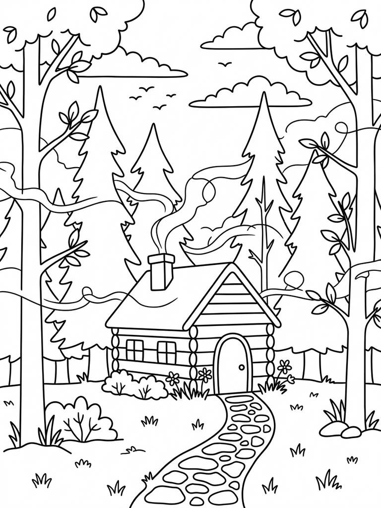 Cozy Woodland Cabin Surrounded By Tall Trees And Mist Coloring Page