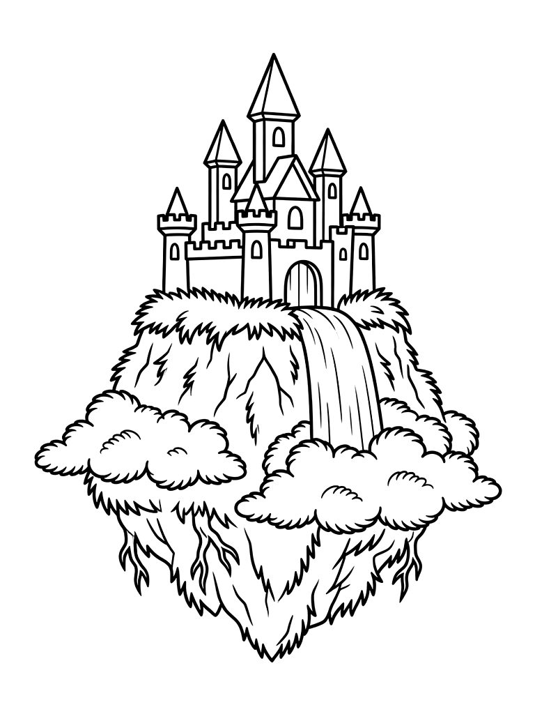 Crystal Castle Atop A Floating Mountain With A Waterfall That Turns Into Clouds Coloring Page — free printable for kids and adults
