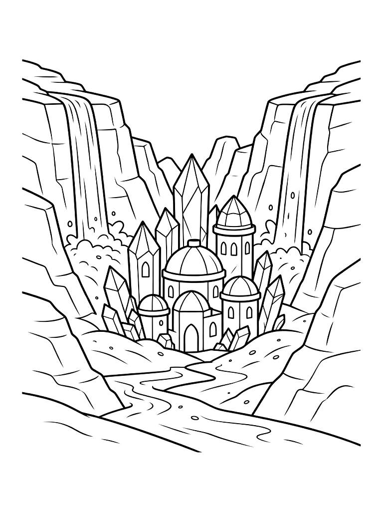 Crystal City In A Desert Canyon With Waterfalls Of Sand Pouring Over Red Rocks Coloring Page