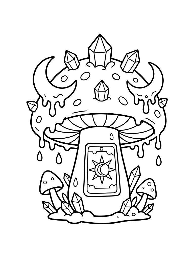 Crystal-infused Mushroom Growth With A Tarot Card Aesthetic And Melting Crescent Moons Coloring Page