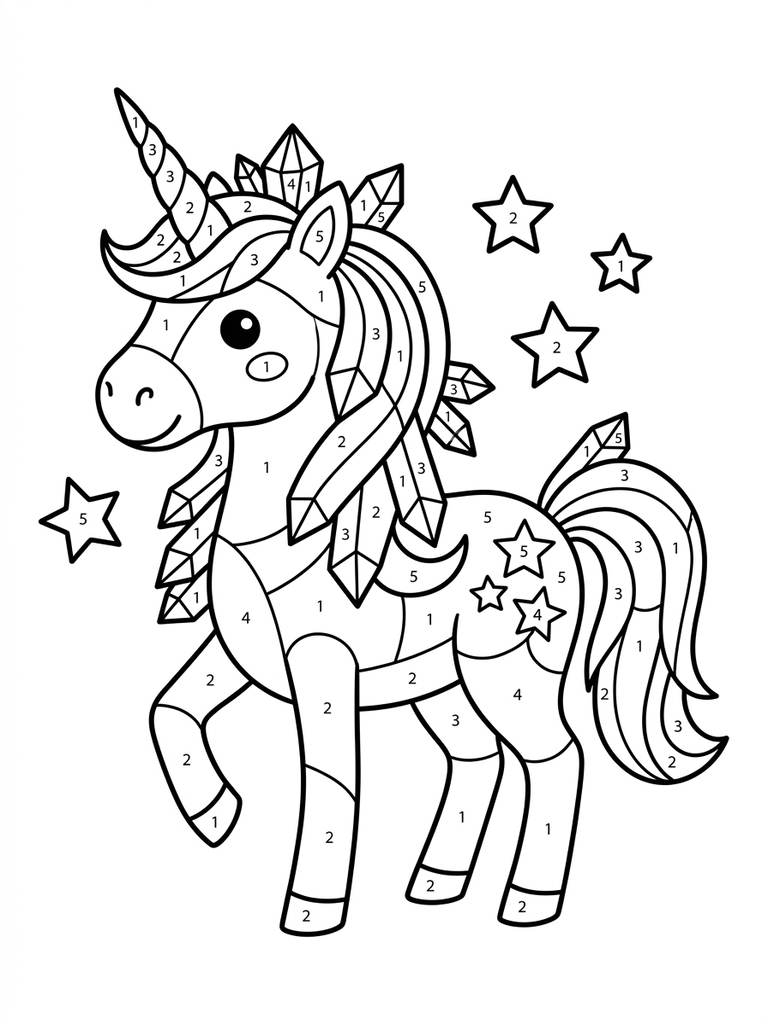 Crystal Unicorn With Stars Color By Number Coloring Page