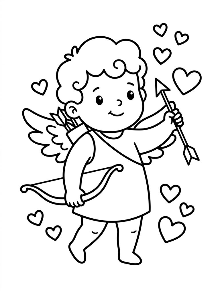 Cupid With Arrow And Hearts Coloring Page