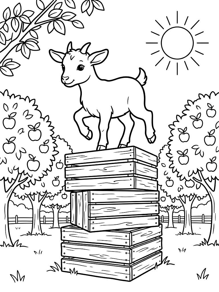 Curious Baby Goat Playfully Balancing On Top Of A Stack Of Weathered Wooden Fruit Crates Inside A Sunny Apple Orchard coloring page — free printable for kids and adults