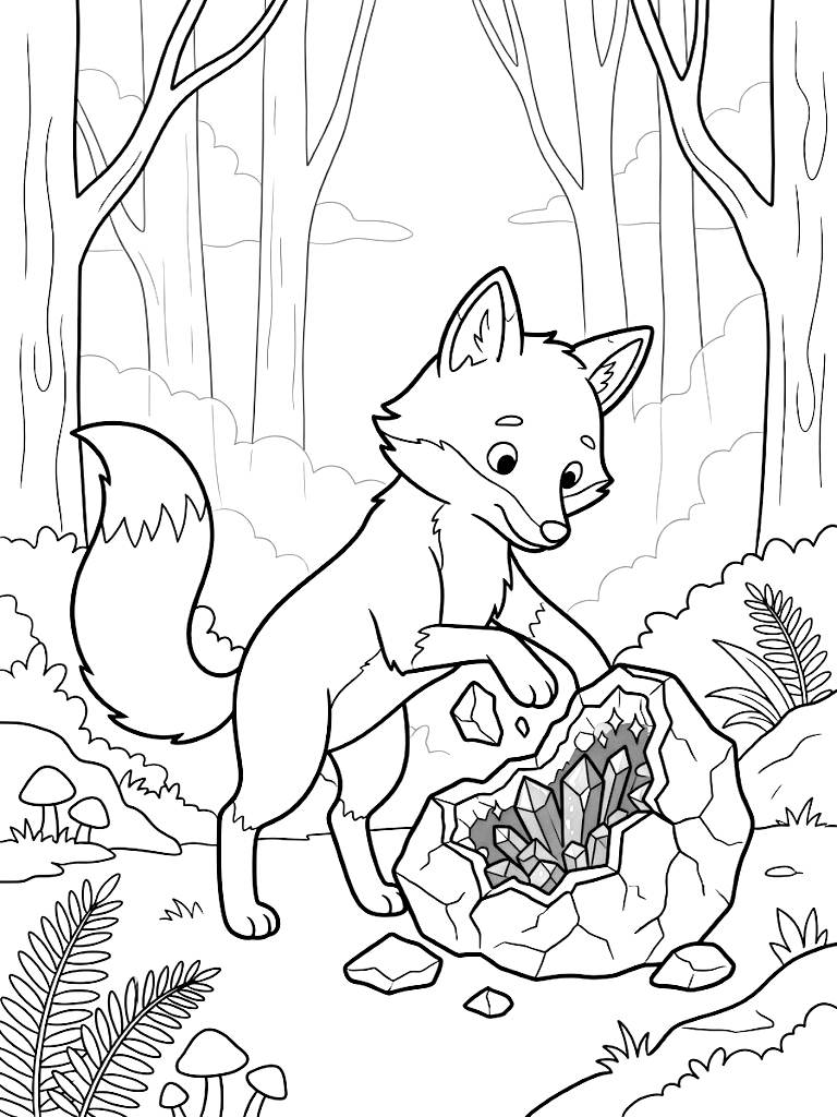 Curious Red Fox Delicately Pawing At A Cracked Open Geode Revealing Sparkling Purple Amethyst Crystals In A Misty Forest coloring page — free printable for kids and adults