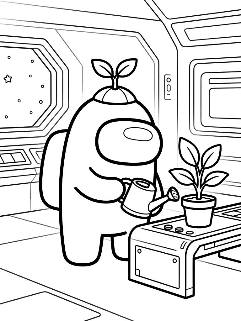 Cute Among Us Crewmate Wearing A Tiny Green Sprout Hat Watering A Small Desk Plant In A Futuristic Spaceship Bay Coloring Page