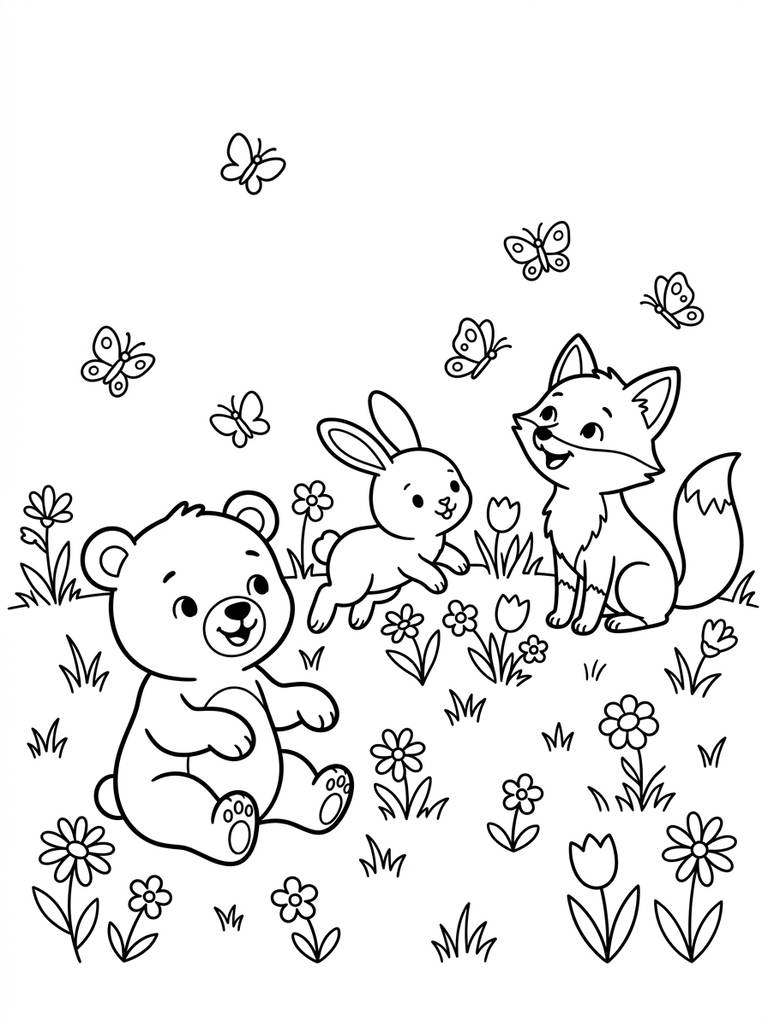 Cute Baby Animals With Flowers And Butterflies In A Meadow Coloring Page