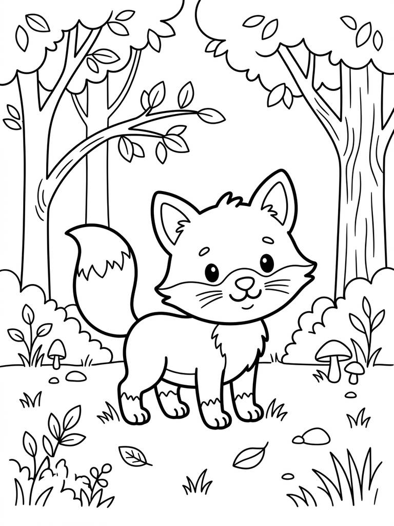 Cute Baby Fox / Fox Cub In Forest Coloring Page