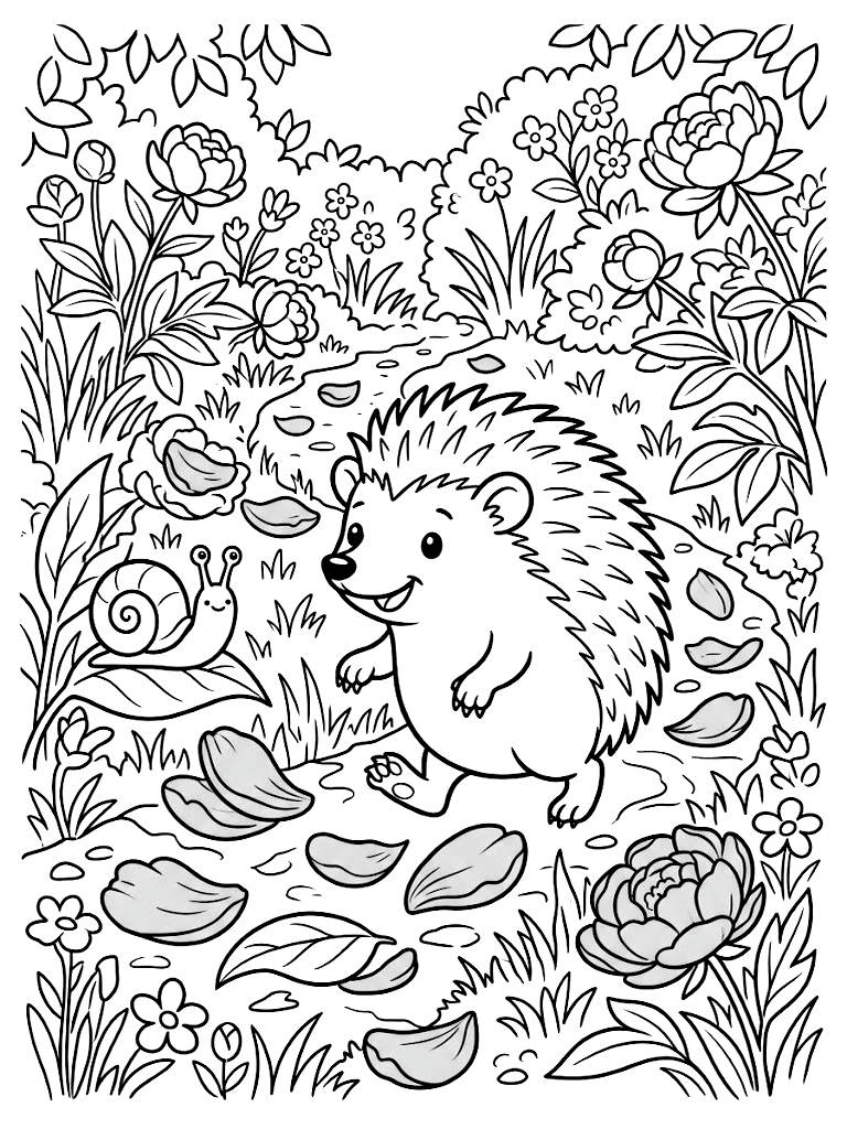 Cute Baby Hedgehog Wandering Through A Lush Spring Garden Filled With Fallen Pink Peony Petals And A Curious Garden Snail Coloring Page