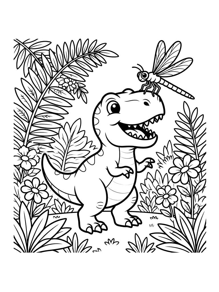 Cute Baby Tyrannosaurus Rex Playing With A Small Prehistoric Dragonfly In A Lush Jungle Filled With Ferns And Flowers Coloring Page