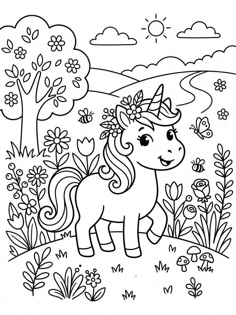 Cute Baby Unicorn Or Unicorn With Flowers / Garden Coloring Page