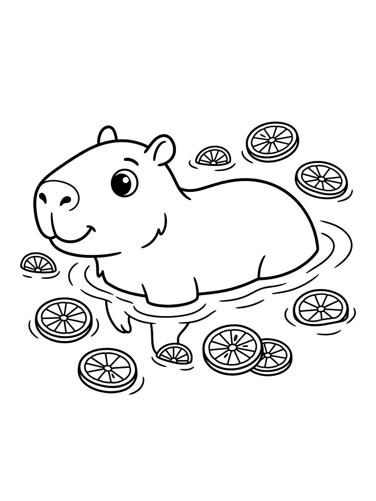 Cute Capybara Floating In Pool With Lemon Slices Coloring Page