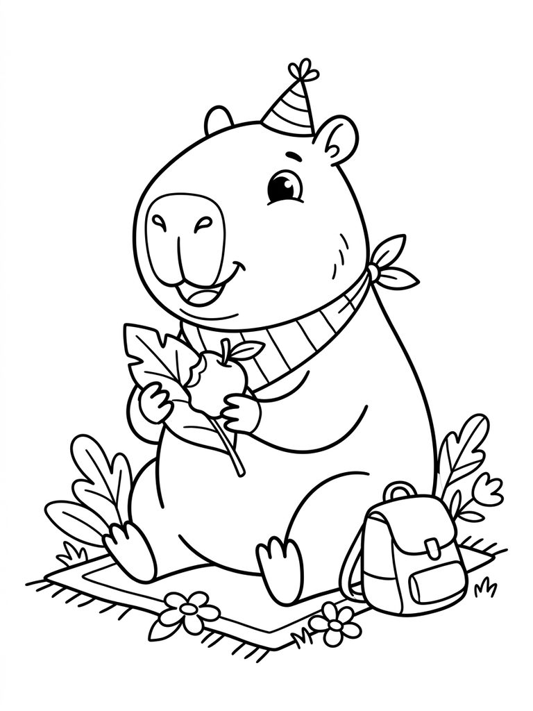 Cute Cartoon Capybara Eating / Sitting With Accessories Coloring Page