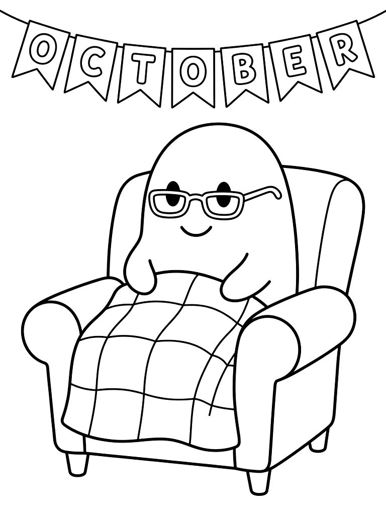 Cute Friendly Ghost Wearing Reading Glasses Sitting In A Cozy Armchair With A Patchwork Quilt Under A Decorative October Banner coloring page — free printable for kids and adults