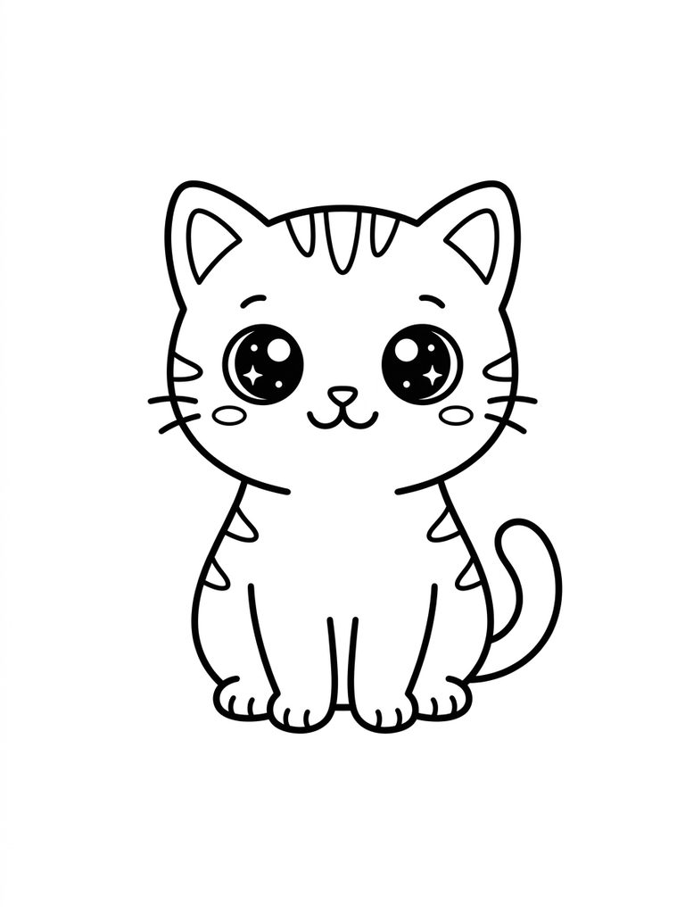 Cute Kawaii Kitten, Sitting With Big Sparkly Eyes Coloring Page