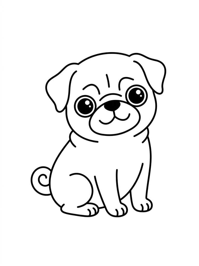Cute Kawaii Pug Puppy, Sitting With Big Round Eyes And Curly Tail Coloring Page