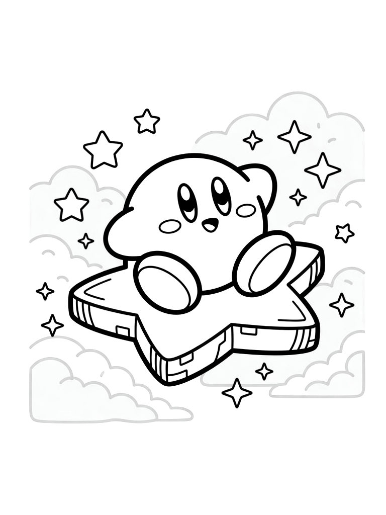 Cute Kirby Floating On A Golden Warp Star Through A Sky Filled With Pastel Pink Clouds And Twinkling Stars Coloring Page