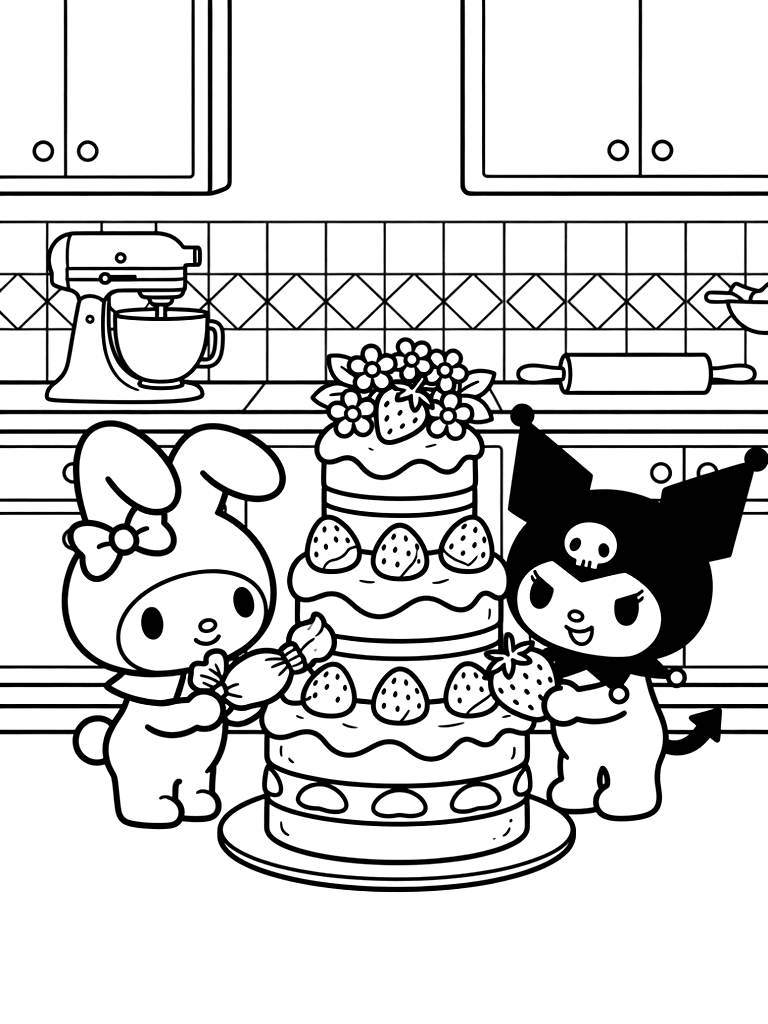 Cute Kuromi And My Melody Characters Decorating A Towering Tiered Spring Strawberry Shortcake Together In A Retro Pastel Kitchen coloring page — free printable for kids and adults